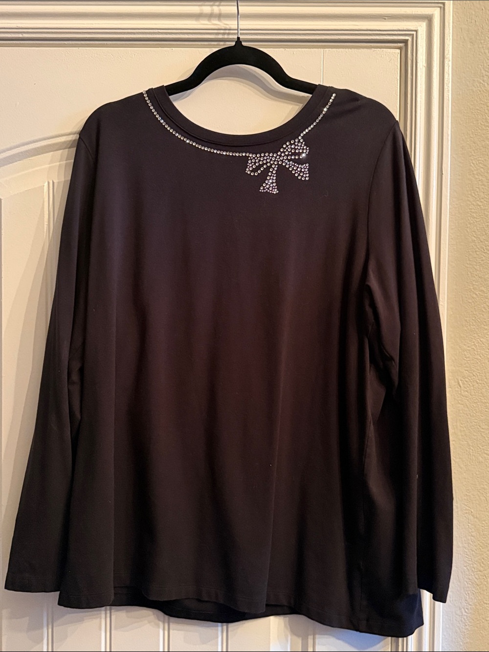 Isaac Mizrahi Black Long-Sleeve Top with Rhinestone Bow Detail